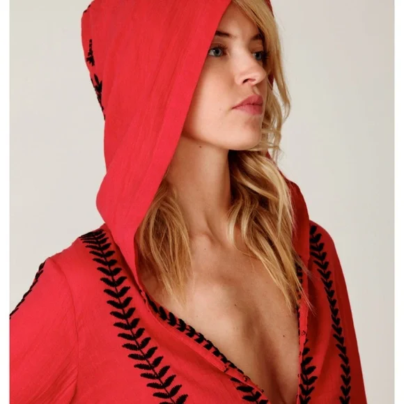 FREE PEOPLE Boho Embroidered Top Tunic or Mini Dress Hooded Swim Cover Up Red - Picture 5 of 15